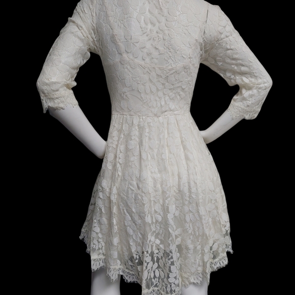 Free People Cream Floral Pattern Lace Dress Size 8 Skater Girl Lined Half Sleeve - Picture 9 of 11